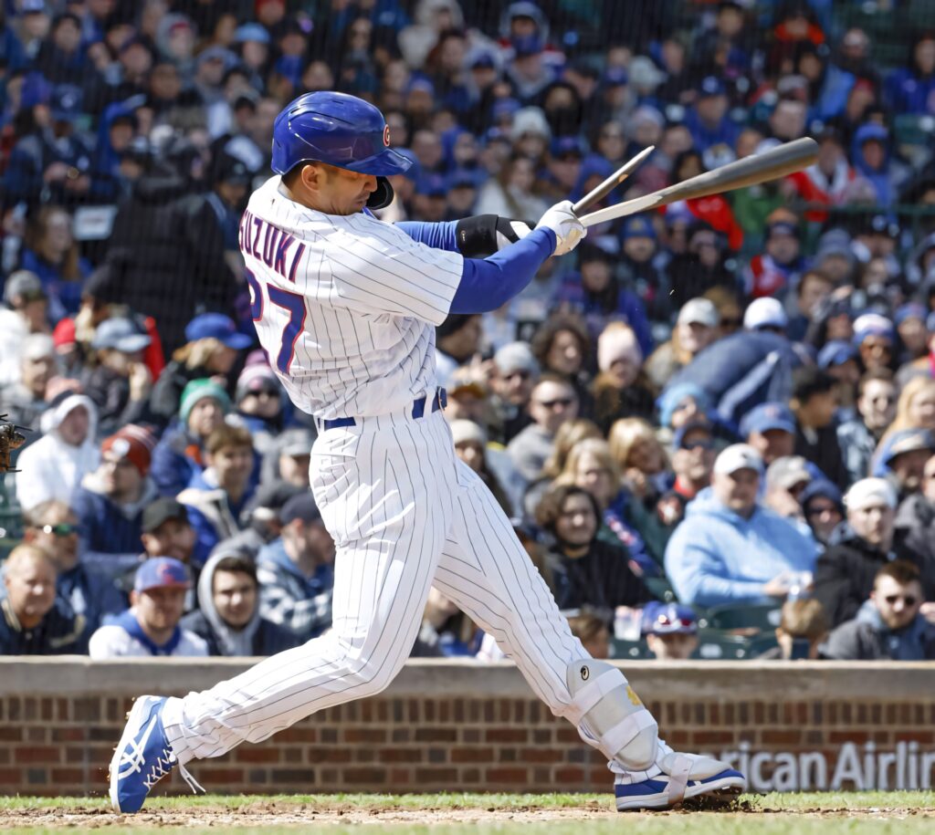 Seiya Suzuki powerful swing Chicago Cubs baseball player intense stadium crowd wallpaper