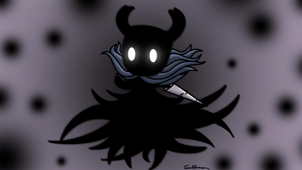 Hollow Knight Character with Nail in Mysterious Silhouette Background Wallpaper