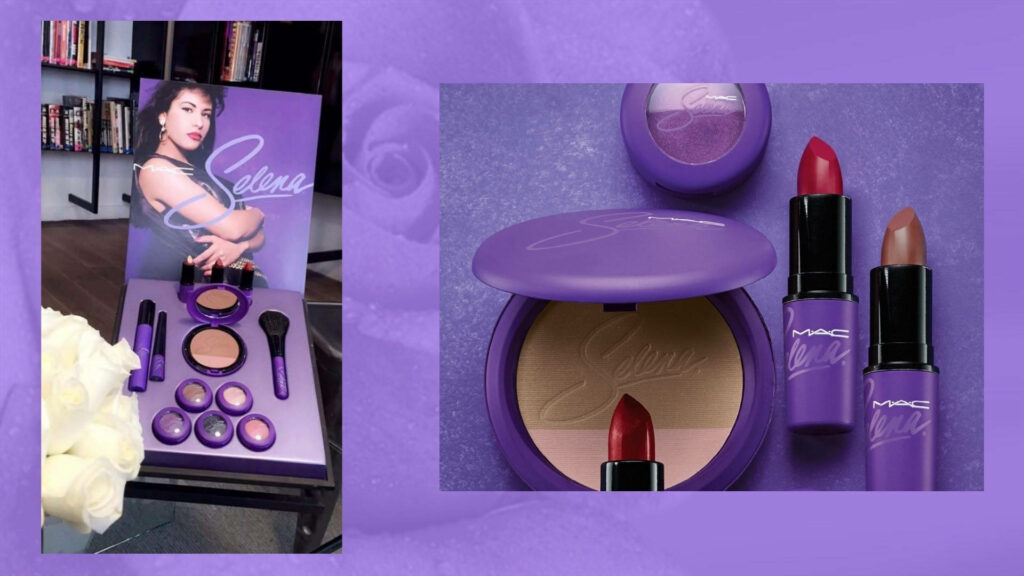 Selena MAC cosmetics collection with purple packaging lipsticks powder brushes on lavender background Wallpaper