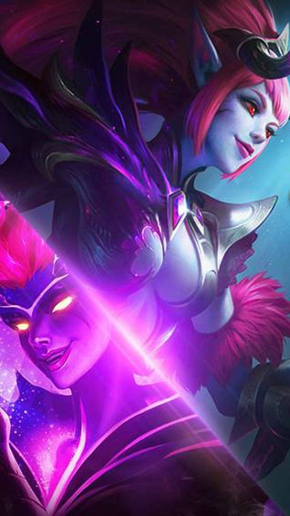 Selena Mobile Legends digital art wallpaper glowing Abyssal mask vibrant neon pink blue purple background
