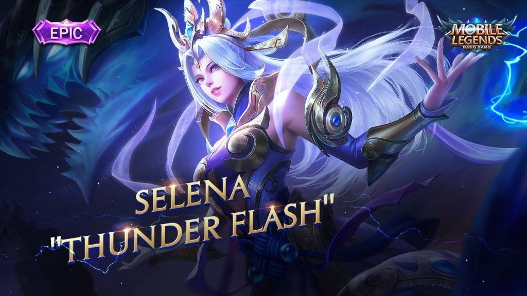 Mobile Legends Selena Thunder Flash skin wallpaper white hair purple armor blue lightning effects