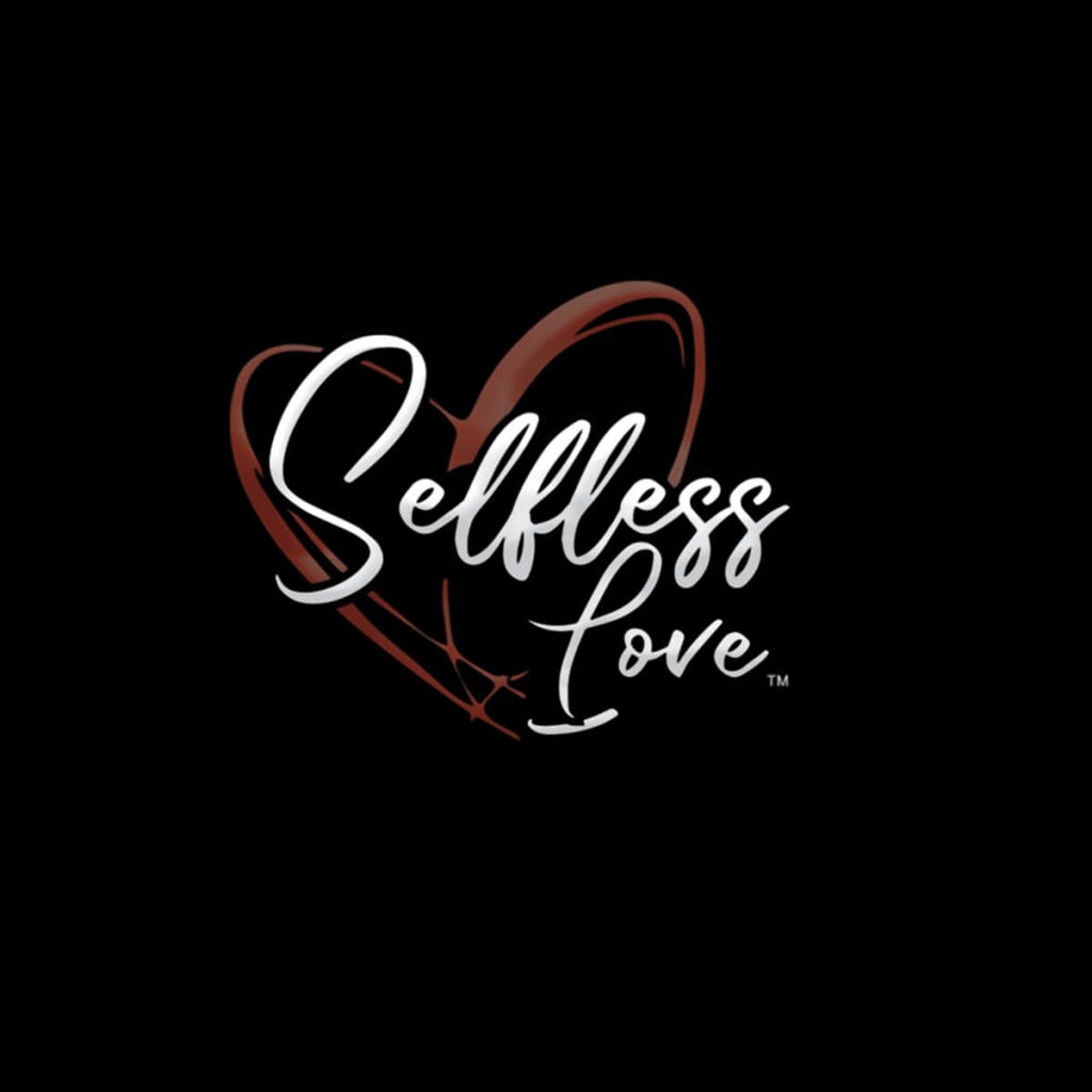 Minimalist wallpaper with Selfless Love text in white cursive and red heart on black background