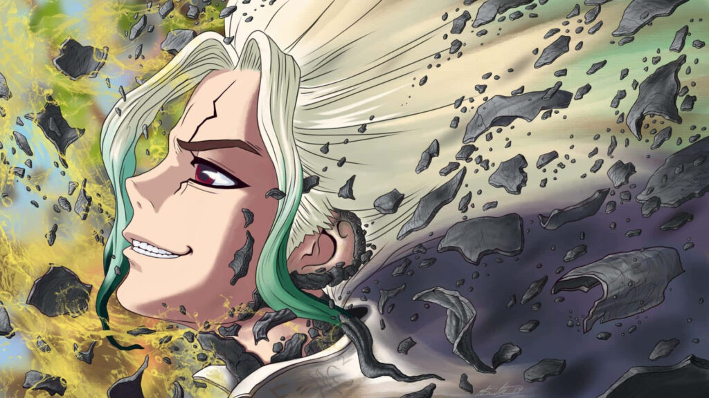 Senku Ishigami confident face stone fragments anime wallpaper vibrant colors dramatic lighting