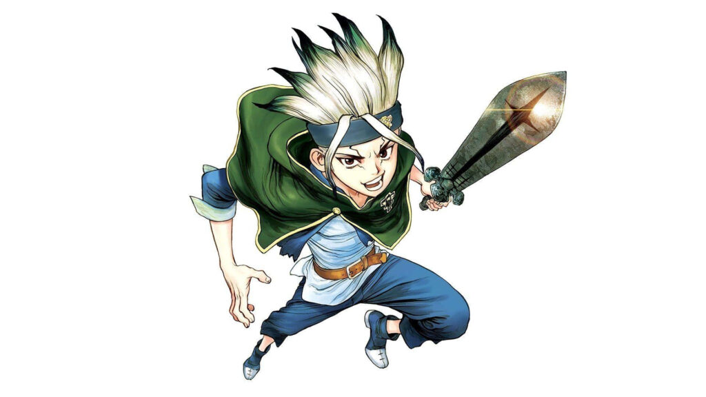 Senku Ishigami in green robe wielding sword dynamic action Dr Stone anime vibrant wallpaper