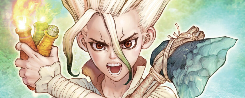 Senku Ishigami from Dr Stone in dynamic pose with scientific tools vibrant background wallpaper