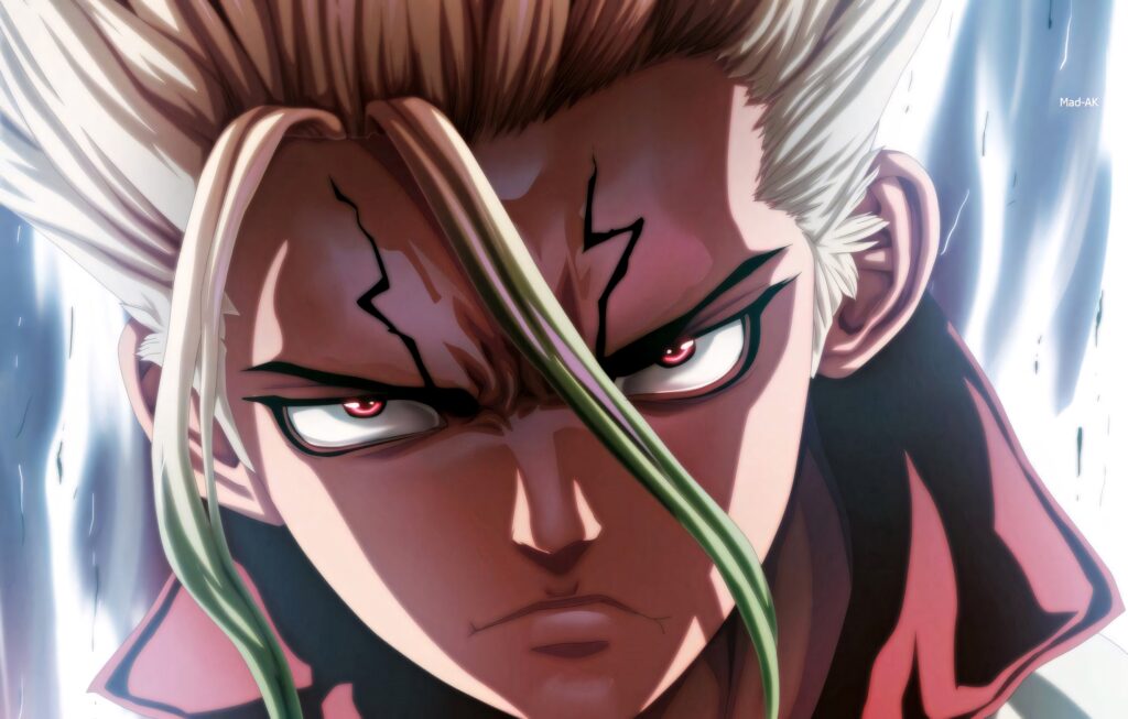 Senku Ishigami intense close-up with spiky green hair and red eyes anime wallpaper background