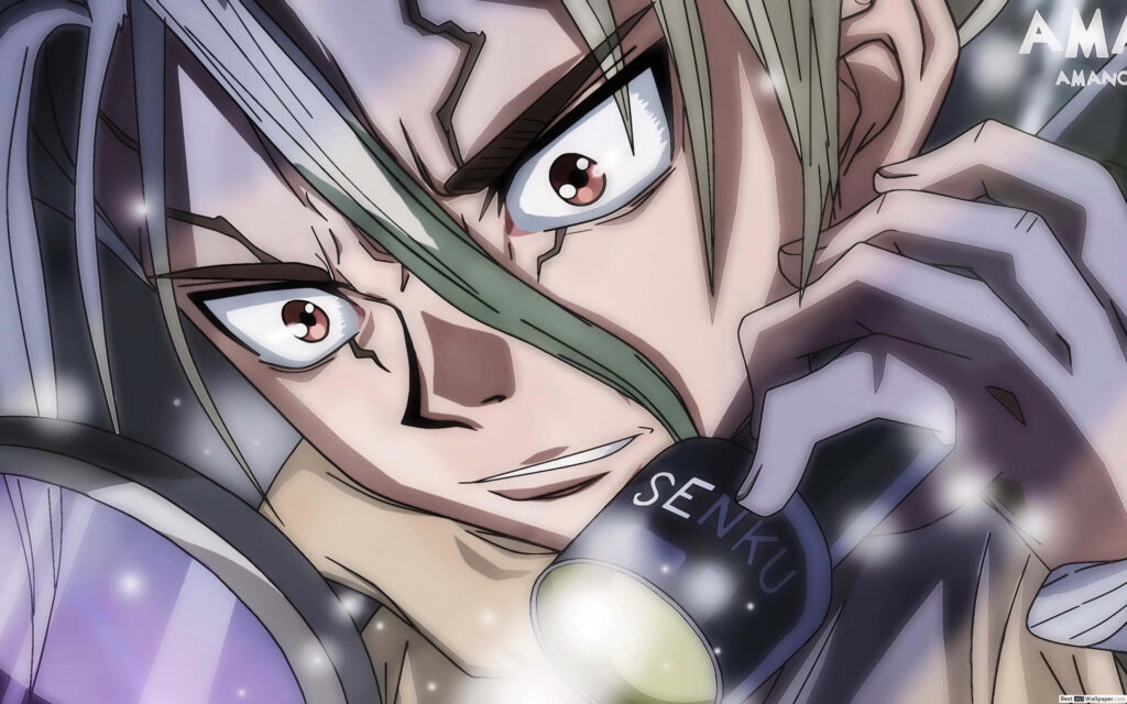 Senku Ishigami from Dr Stone with flashlight intense focus anime style science wallpaper background