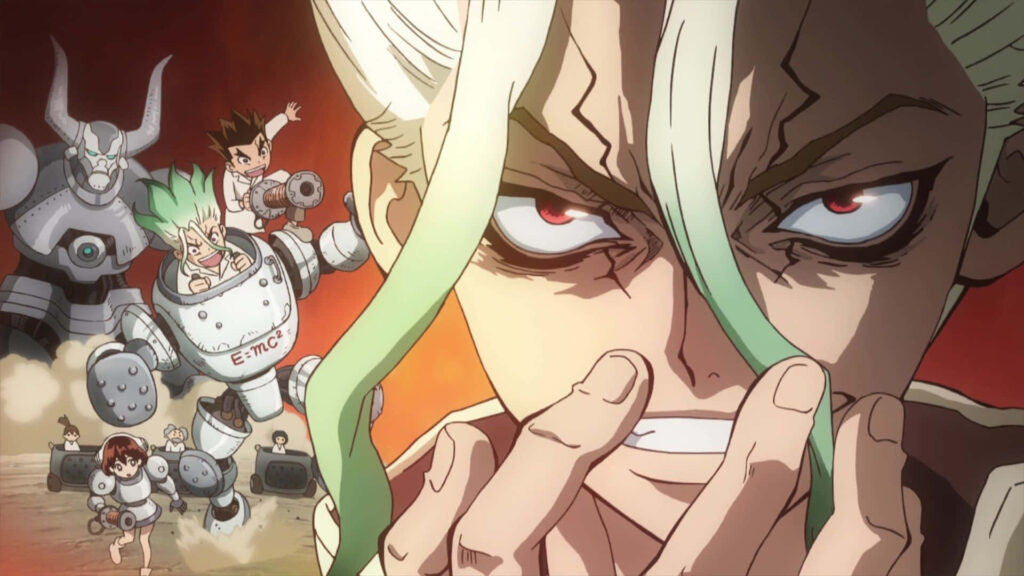 Senku Ishigami with green hair leads anime characters in science mecha suits under sunset sky wallpaper