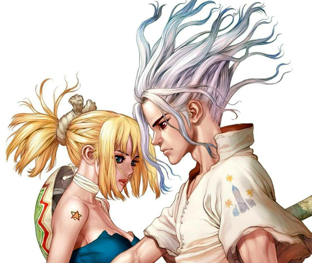 Senku and Kohaku from Dr Stone anime dynamic bold colors adventurous wallpaper background