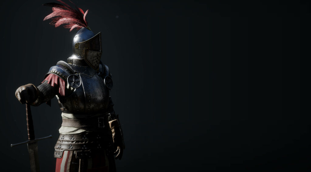 Realistic knight in full plate armor holding sword in dark background for Mordhau game vibe Wallpaper