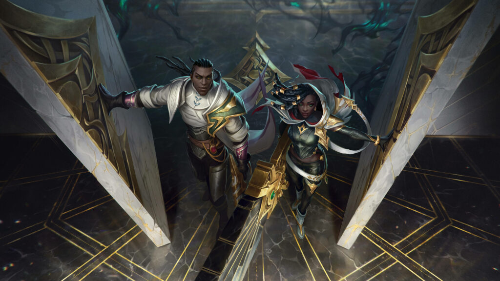 The Sentinels' Dynamic Duo Shattering The Gilded Gateway - A breathtaking glimpse into Lucian and Senna's Wild Rift heroics Wallpaper