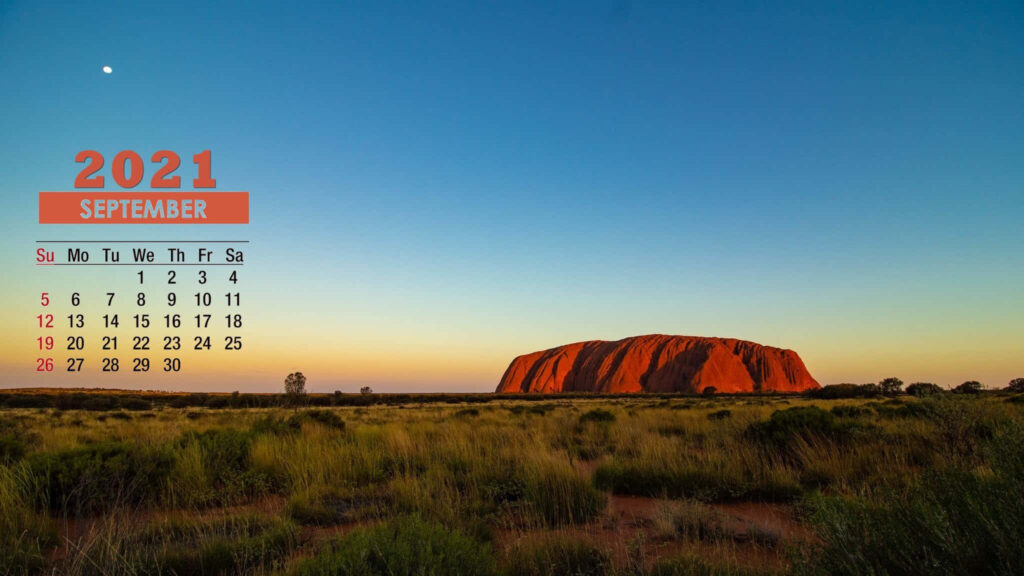September 2021 calendar wallpaper Uluru sunset landscape warm light clear sky background