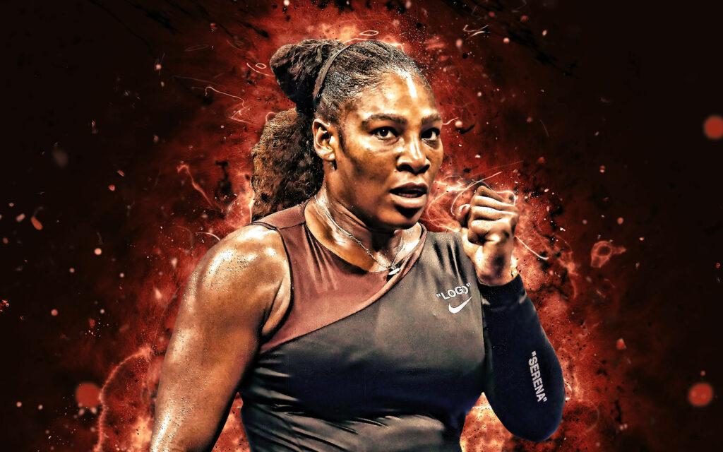 Serena Williams powerful portrait with fiery background showcasing strength and fierce energy Wallpaper