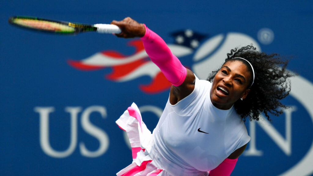 Serena Williams powerful US Open serve action tennis wallpaper showcasing athletic intensity
