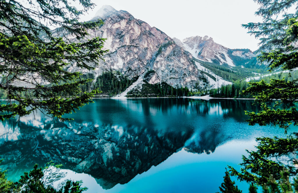 Serene Lake 3D Wallpaper: Majestic Mountains & Evergreen Trees
