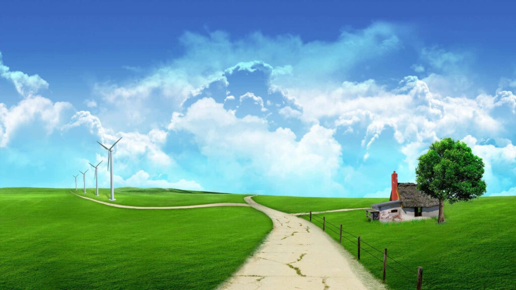 Serene 3D Landscape Wallpaper with Sunset and Charming Cottage