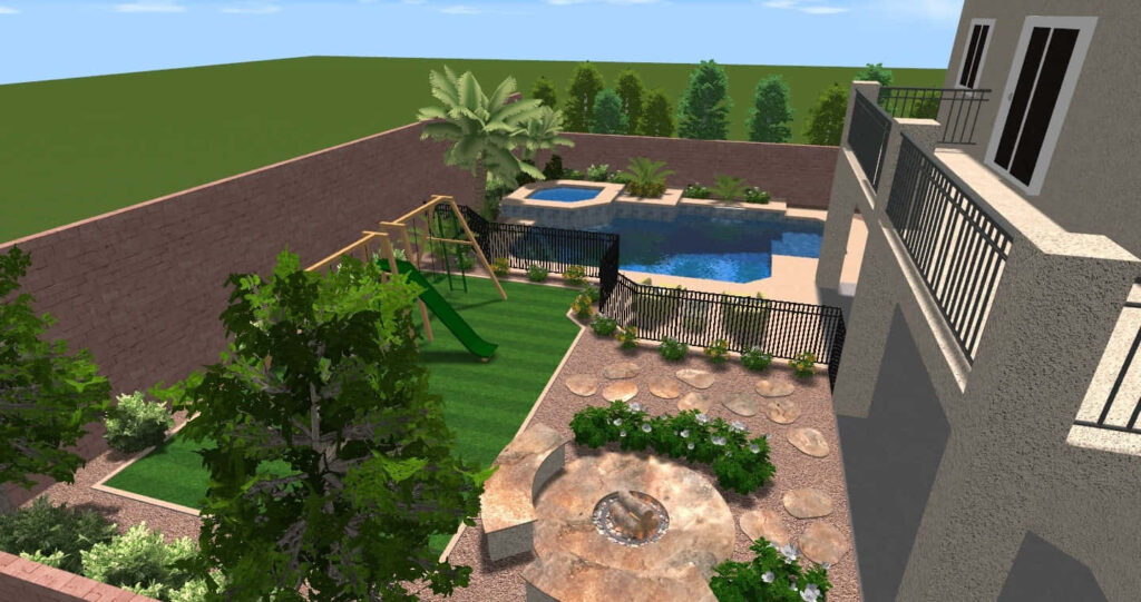Serene 3D Backyard Oasis: Pool, Swing Set & Fire Pit Wallpaper