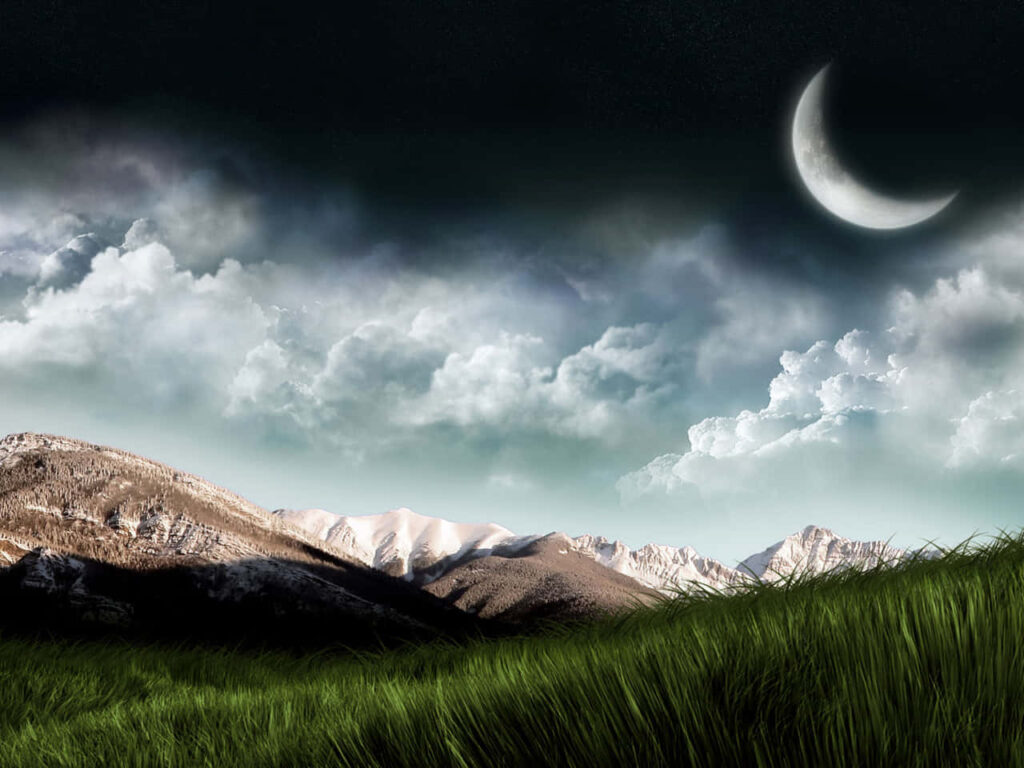 Serene 3D Mountain Landscape Wallpaper with Moonlit Sky & Clouds