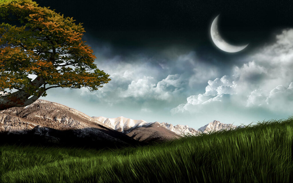 Serene 3D Nature Wallpaper: Crescent Moon & Starry Night Background