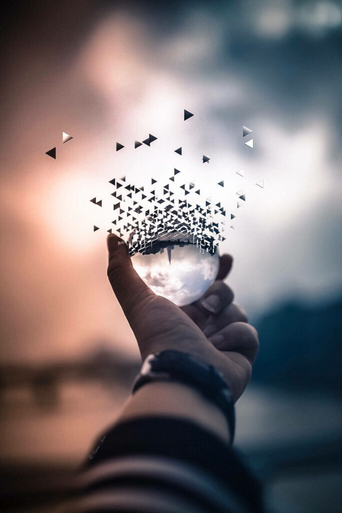 Serene 3D Wallpaper: Hand Holding a Reflective Orb with Geometric Shapes