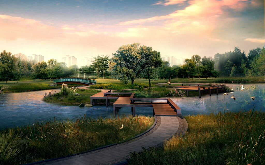 Serene 3D Landscape Wallpaper: Sunlit Park & Winding Path