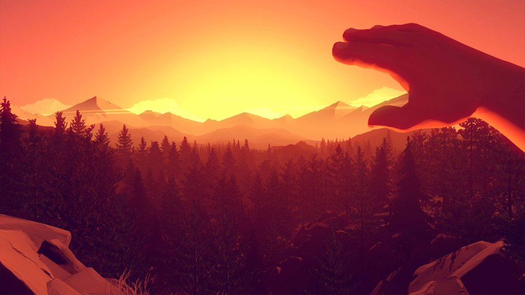 First-person hand reaching toward golden sunset over forest and mountains Firewatch 4K wallpaper