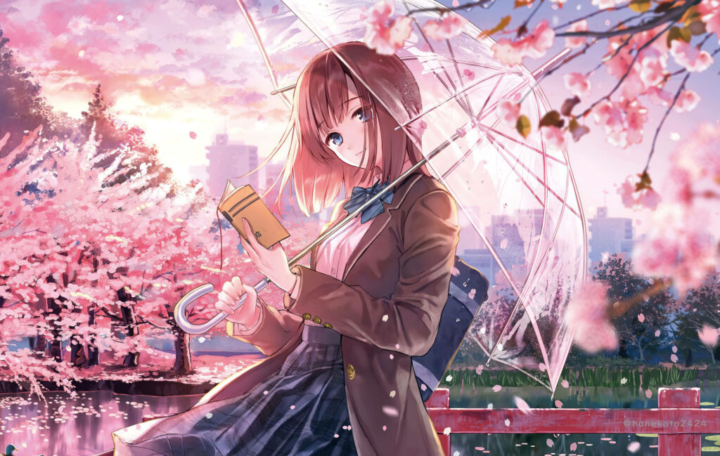 Serene 4K Spring Wallpaper: Girl with Umbrella in Cherry Blossoms
