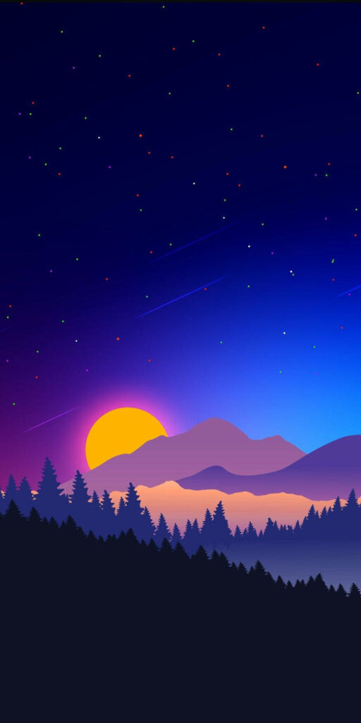 Serene AMOLED Wallpaper: Sunset Mountains & Starry Sky Background