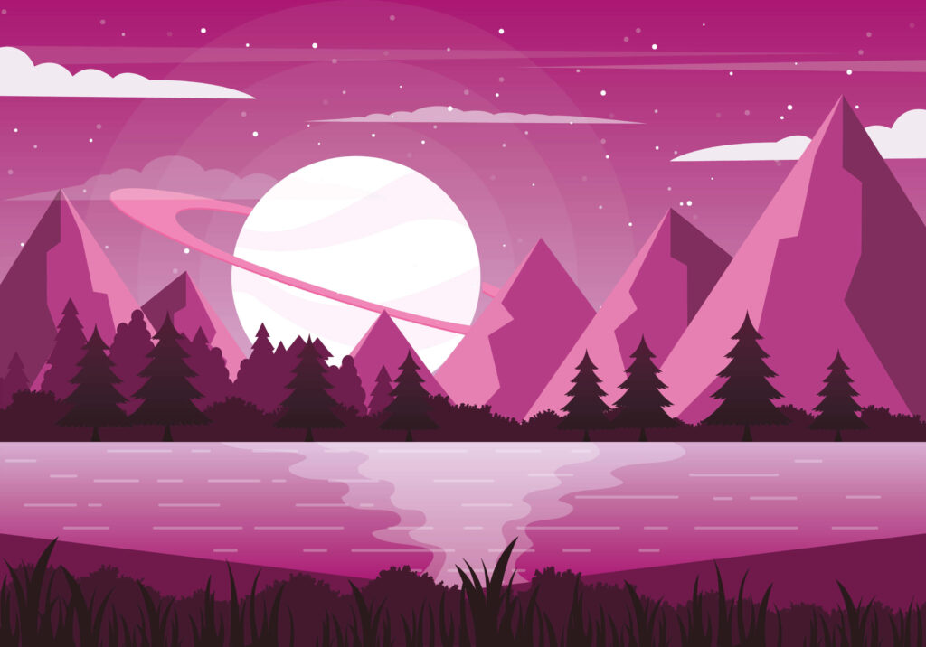 Vibrant Abstract Landscape Wallpaper: Mountains, Moon & Lake