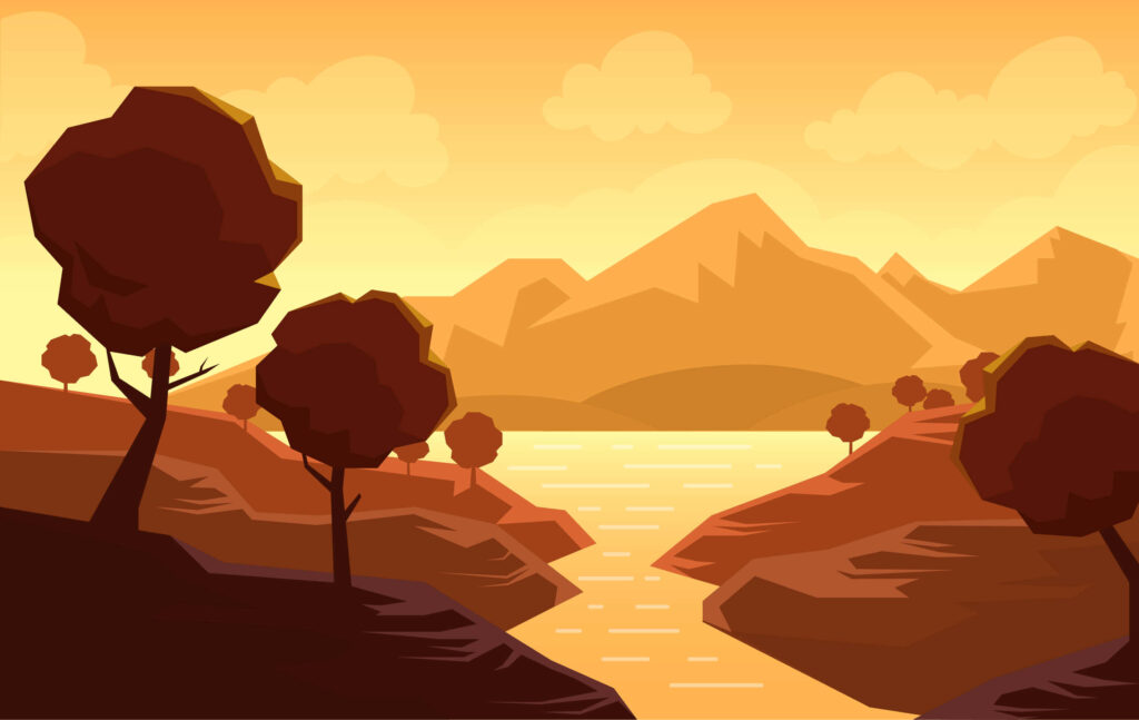 Serene Abstract Vector Landscape Wallpaper - Warm Sunset & Tranquil River