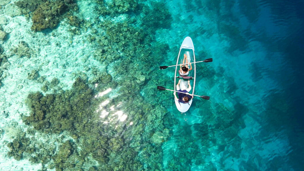 Coastal Tranquility: A Breathtaking Aerial View of Kayakers Exploring the Crystal Clear Waters Amidst a Serene Ocean Backdrop Wallpaper