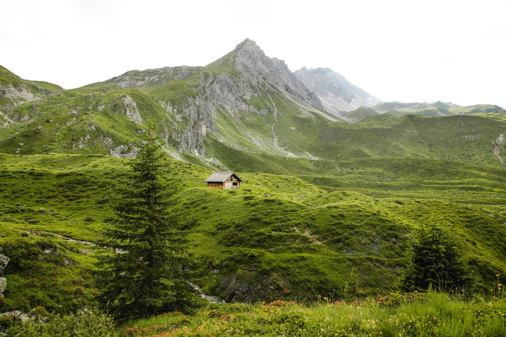 Rustic wooden hut in green alpine hills with rocky peaks and evergreen trees nature wallpaper