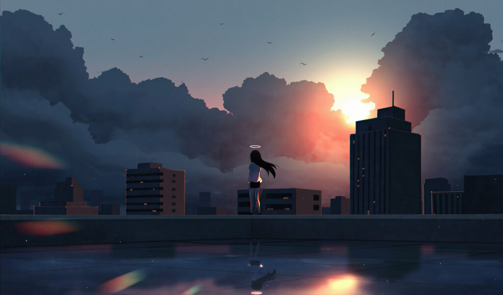 Serene Angel Girl Sunset Wallpaper: Ethereal Rooftop Scene