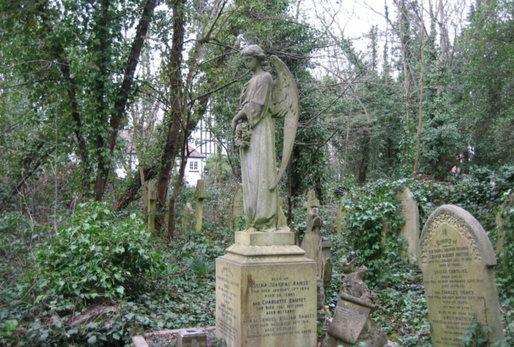 Serene angel statue in overgrown cemetery with ivy and weathered gravestones background wallpaper