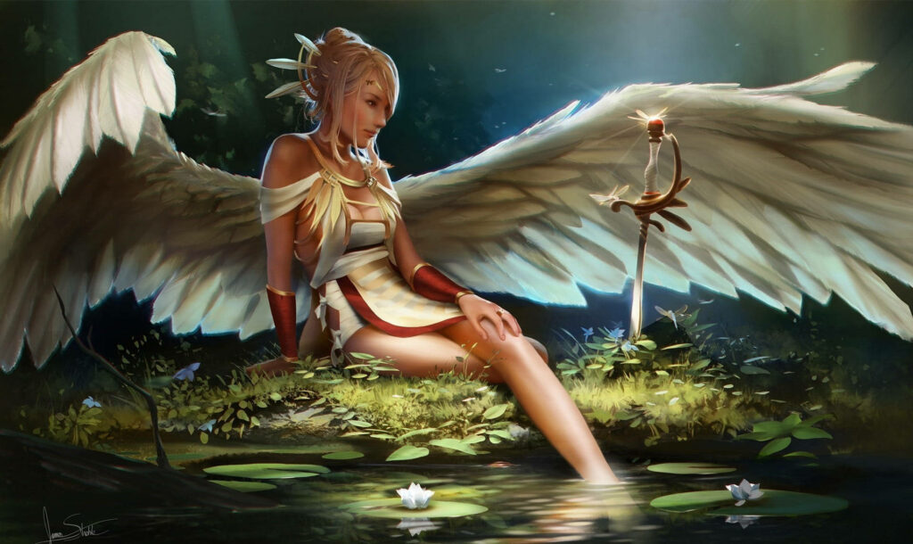 Serene Angel Wallpaper: Tranquil Pond & Lush Greenery Background