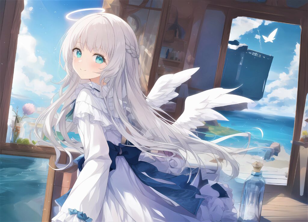 Serene Anime Wallpaper: Angelic Girl with Ocean View & Halo