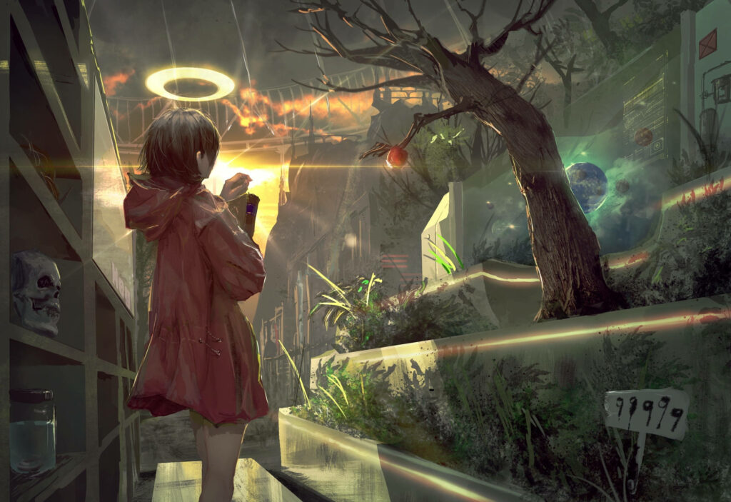 Enigmatic Angelic Girl Wallpaper: Ethereal Cosmic Scene Background