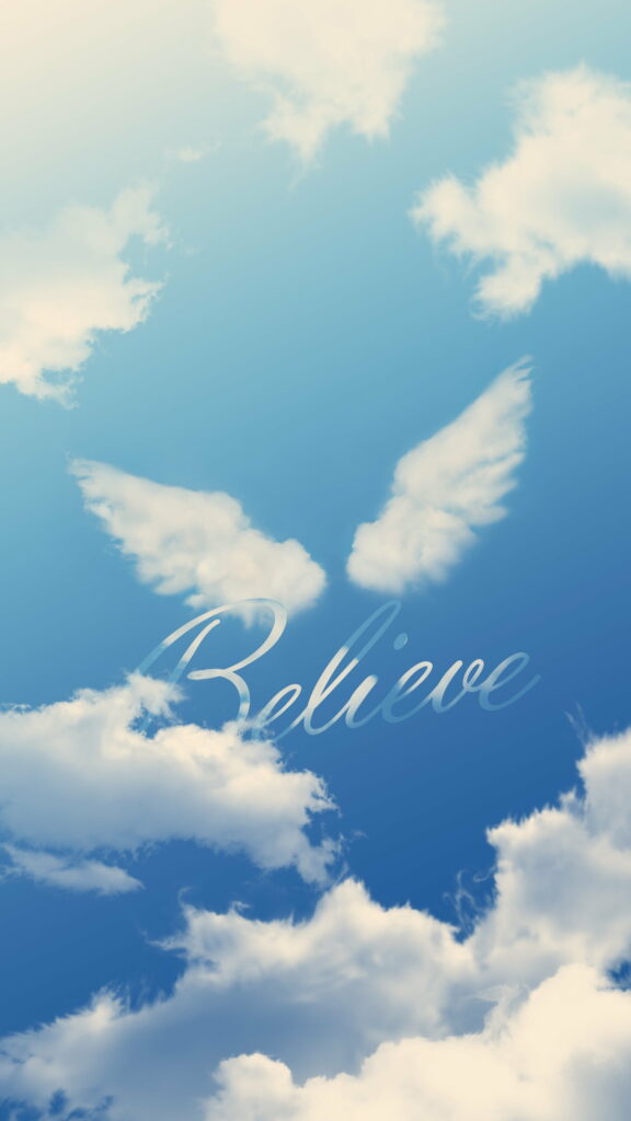 Serene HD Phone Wallpaper: Angelic Sky & Inspiring 'Believe' Design