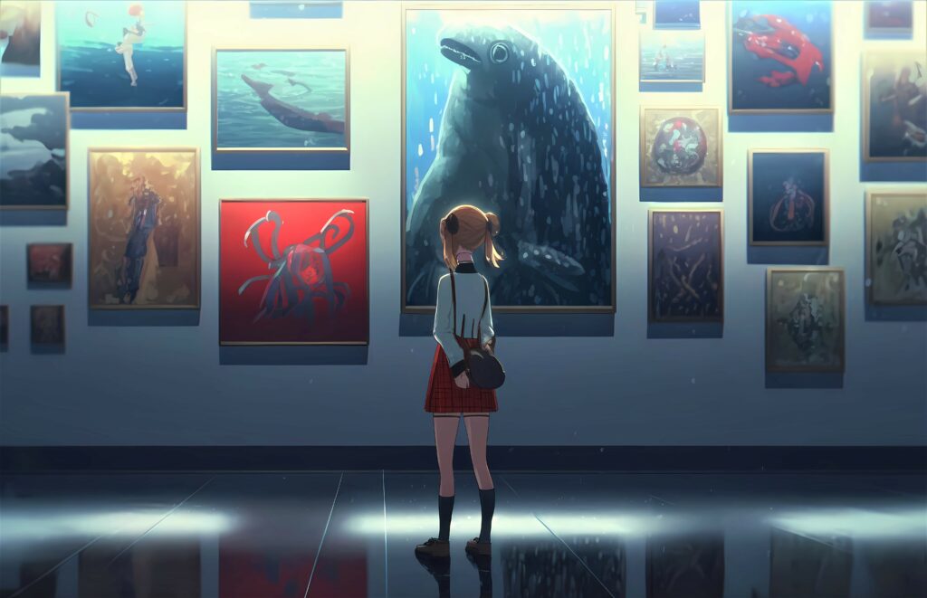 Serene Anime Art Gallery: Girl Surrounded by Marine Life Paintings Wallpaper