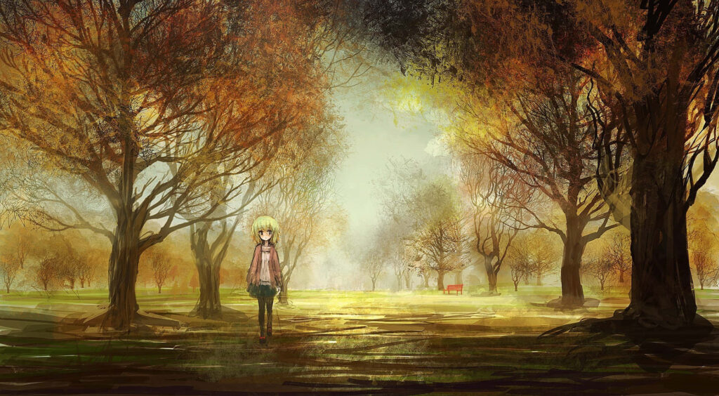 Tranquil Anime Autumn Park Scene with Colorful Foliage Wallpaper