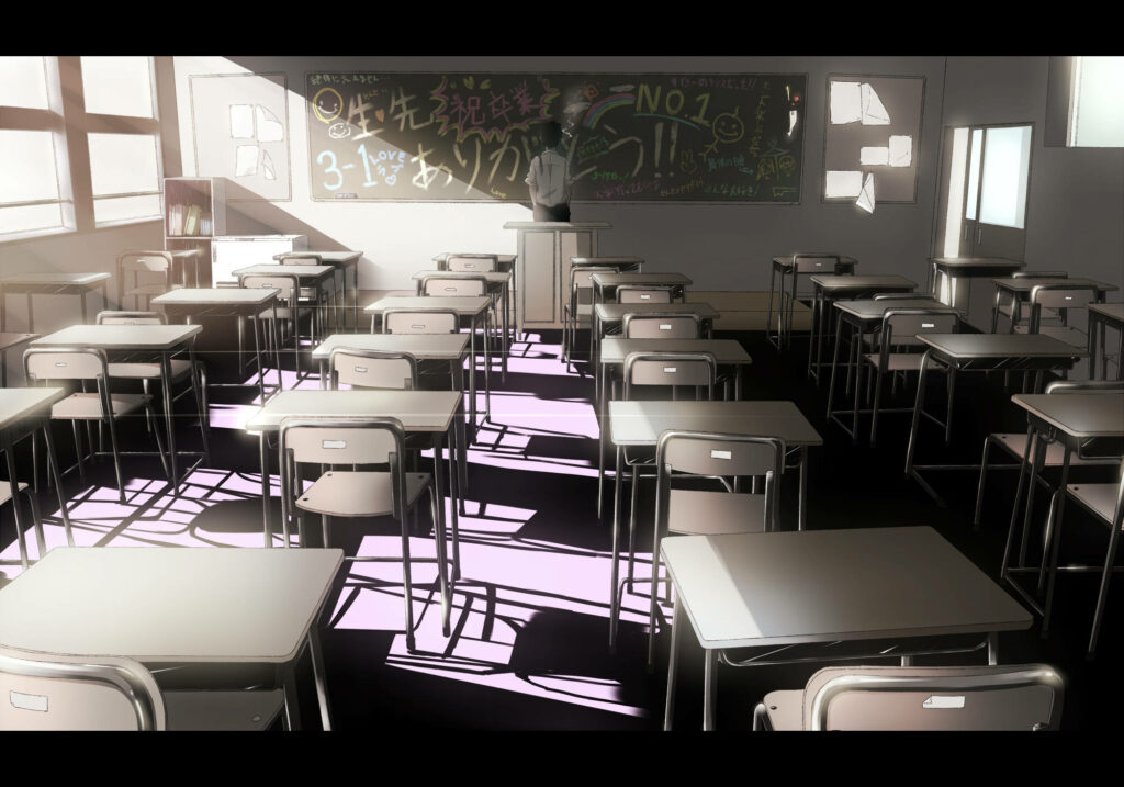Serene Anime Classroom Wallpaper: Soft Light & Neat Desks