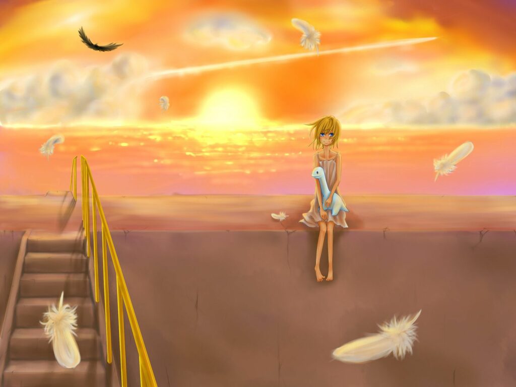 Serene Anime Girl on Rooftop at Sunset - Tranquil Wallpaper
