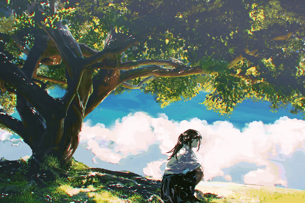 Anime Girl Under Lush Tree: Serene Nature Wallpaper Background