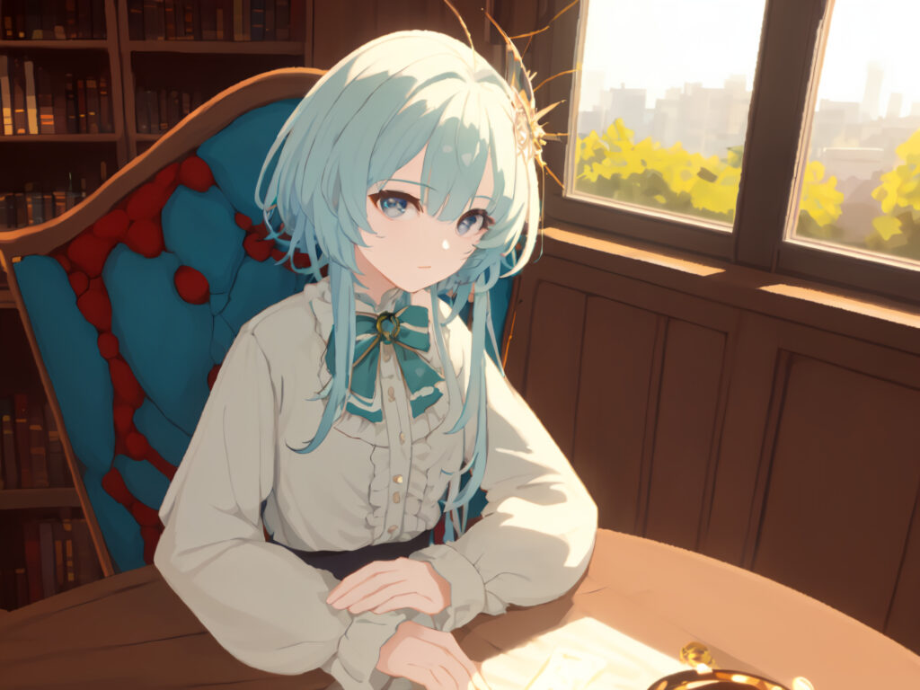 Anime Girl with Blue Hair in Serene Library Setting Wallpaper