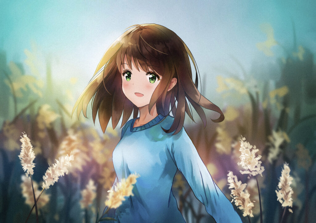 Anime Girl with Gentle Smile in Serene Sunlit Field Wallpaper