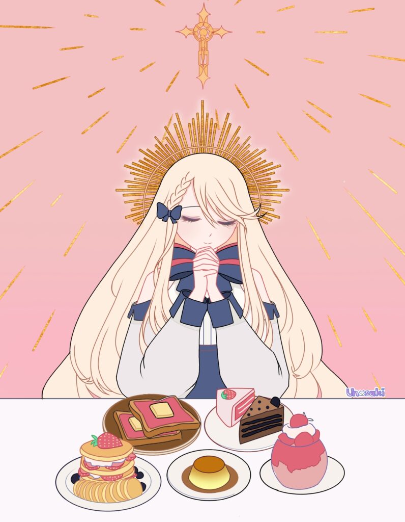 Serene Anime Girl with Desserts: Heavenly 1400x1800 Wallpaper
