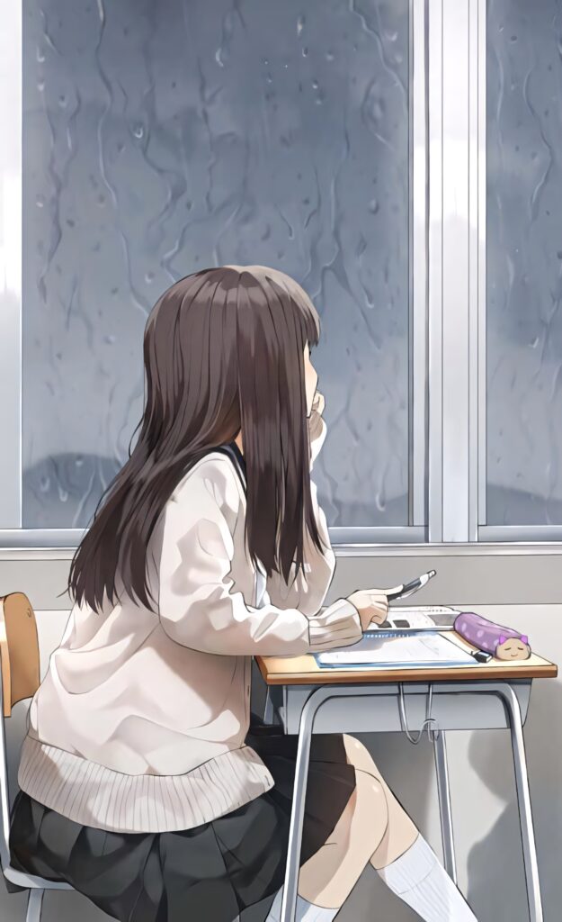 Serene Anime Girl Wallpaper: Thoughtful Vibes & Rainy Day Aesthetics