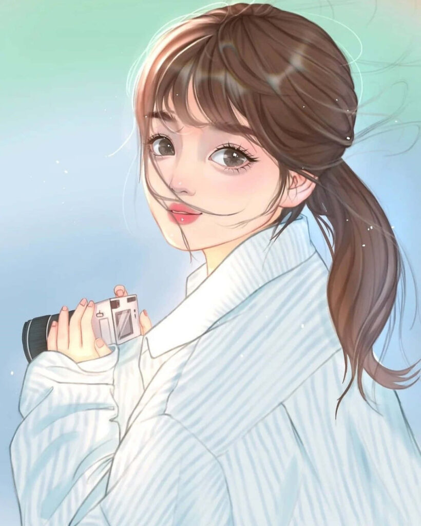 Cute Anime Girl Wallpaper: Soft Art with Camera & Pastel Background
