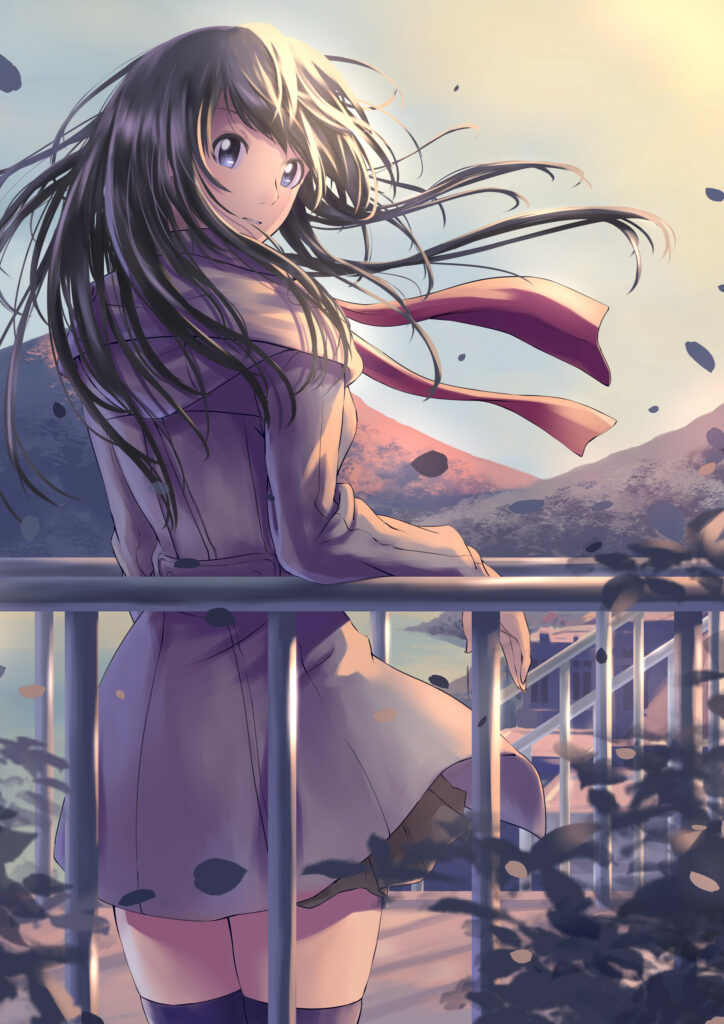 Anime Girl at Sunset: Serene Wallpaper on an Embankment