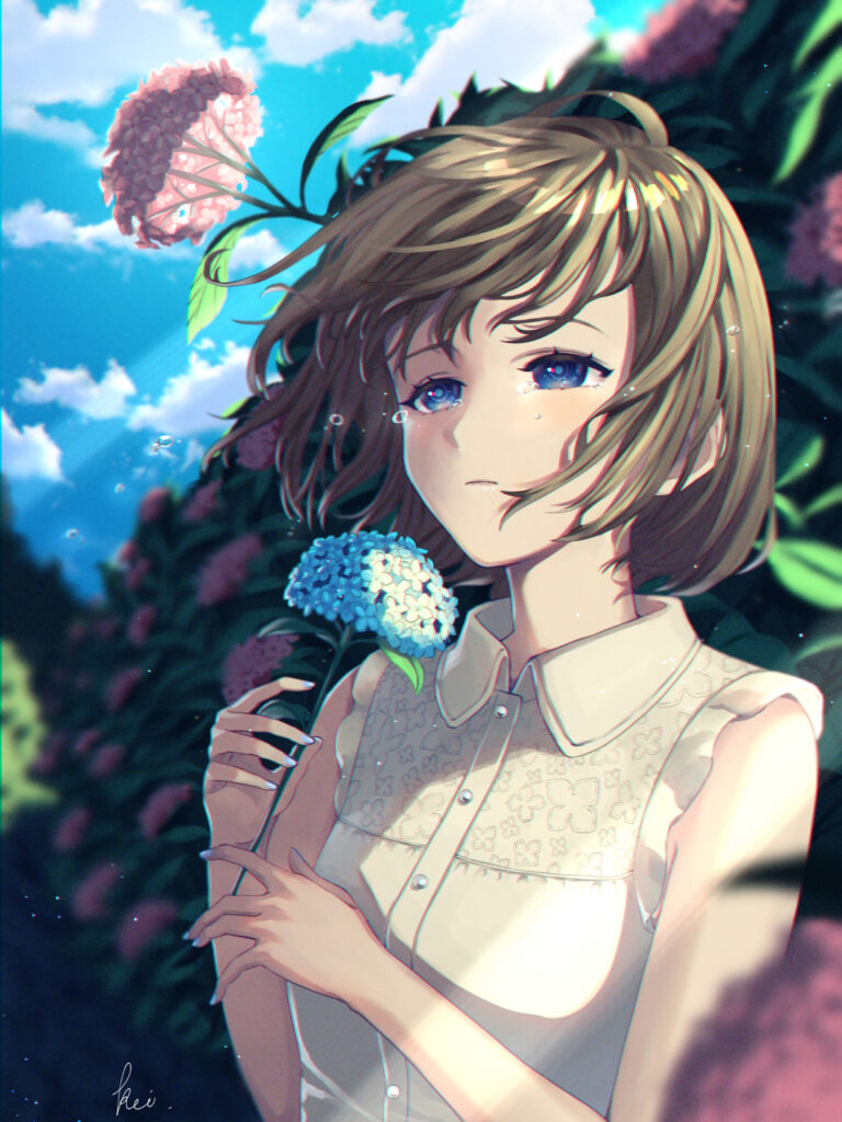 Vibrant Anime Girl Wallpaper with Lush Hydrangeas - Serene Art